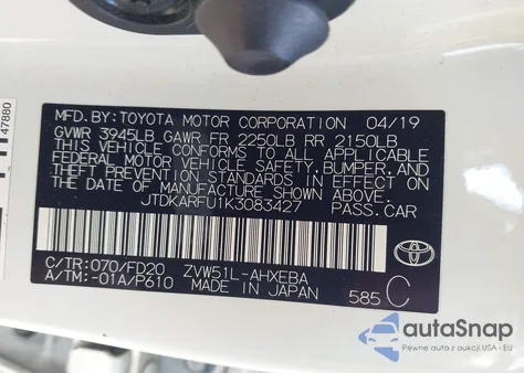 2019 Toyota Prius Le from USA, damaged, VIN JTDKARFU1K3083427